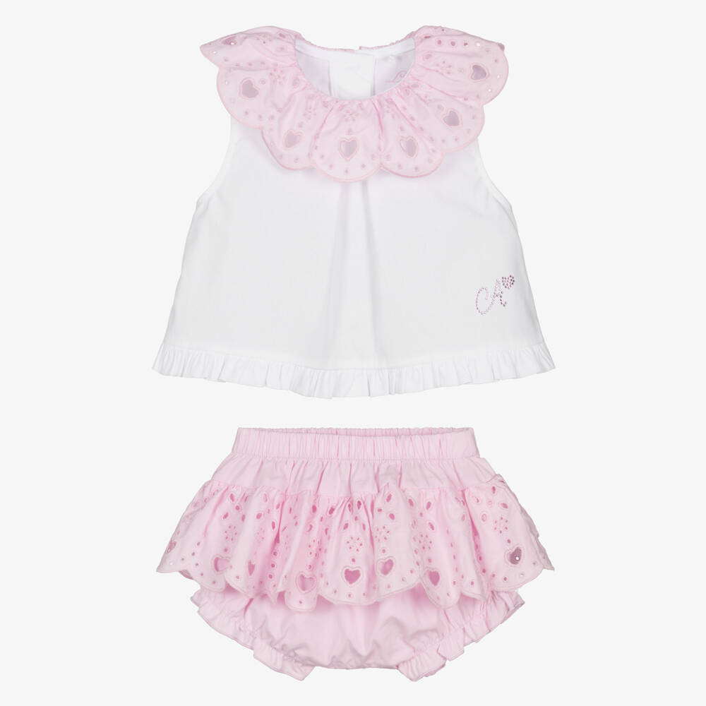 A Dee-Baby Girls White & Pink Broderie Anglaise Shorts Set | Childrensalon