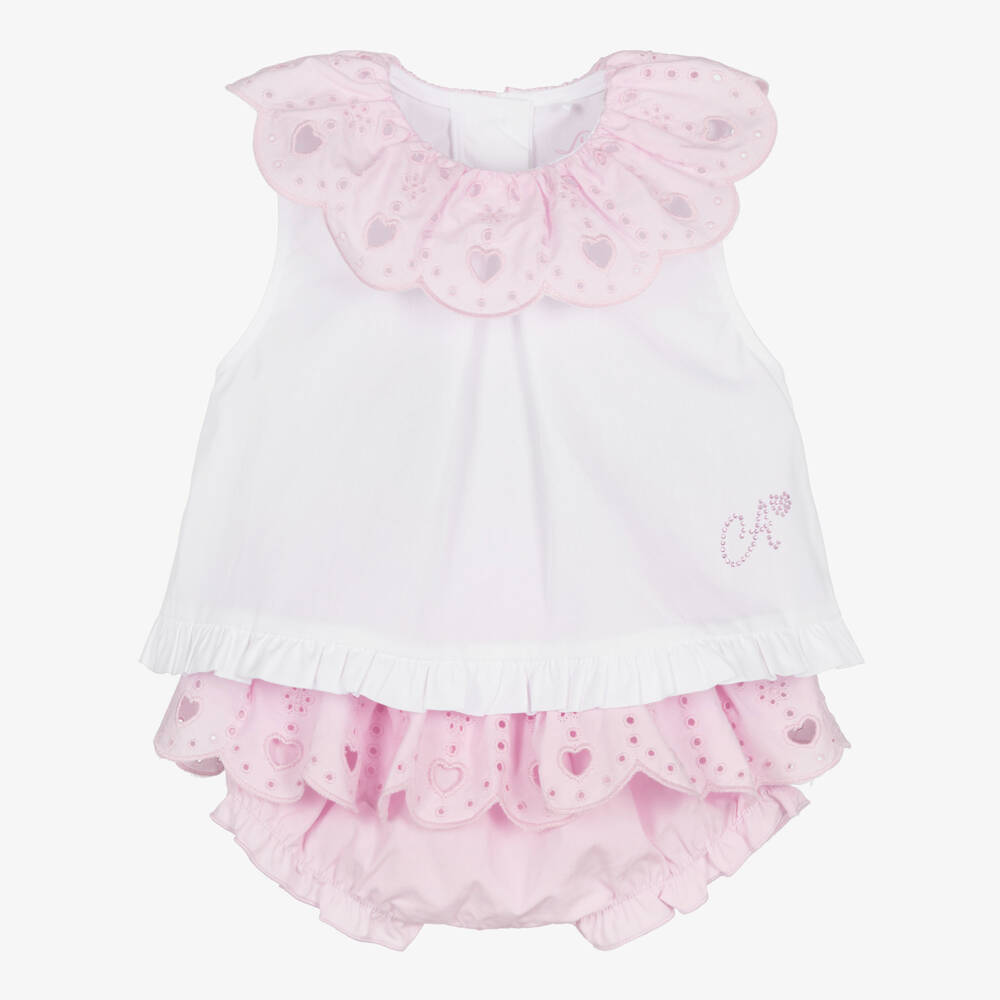 A Dee-Baby Girls White & Pink Broderie Anglaise Shorts Set | Childrensalon