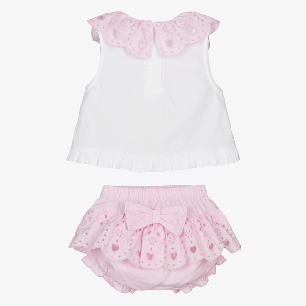 A Dee-Baby Girls White & Pink Broderie Anglaise Shorts Set | Childrensalon