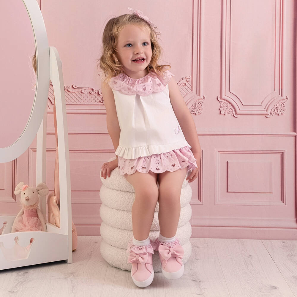 A Dee-طقم شورت برودري أنجليز لون أبيض وزهري للبنات الرضع | Childrensalon