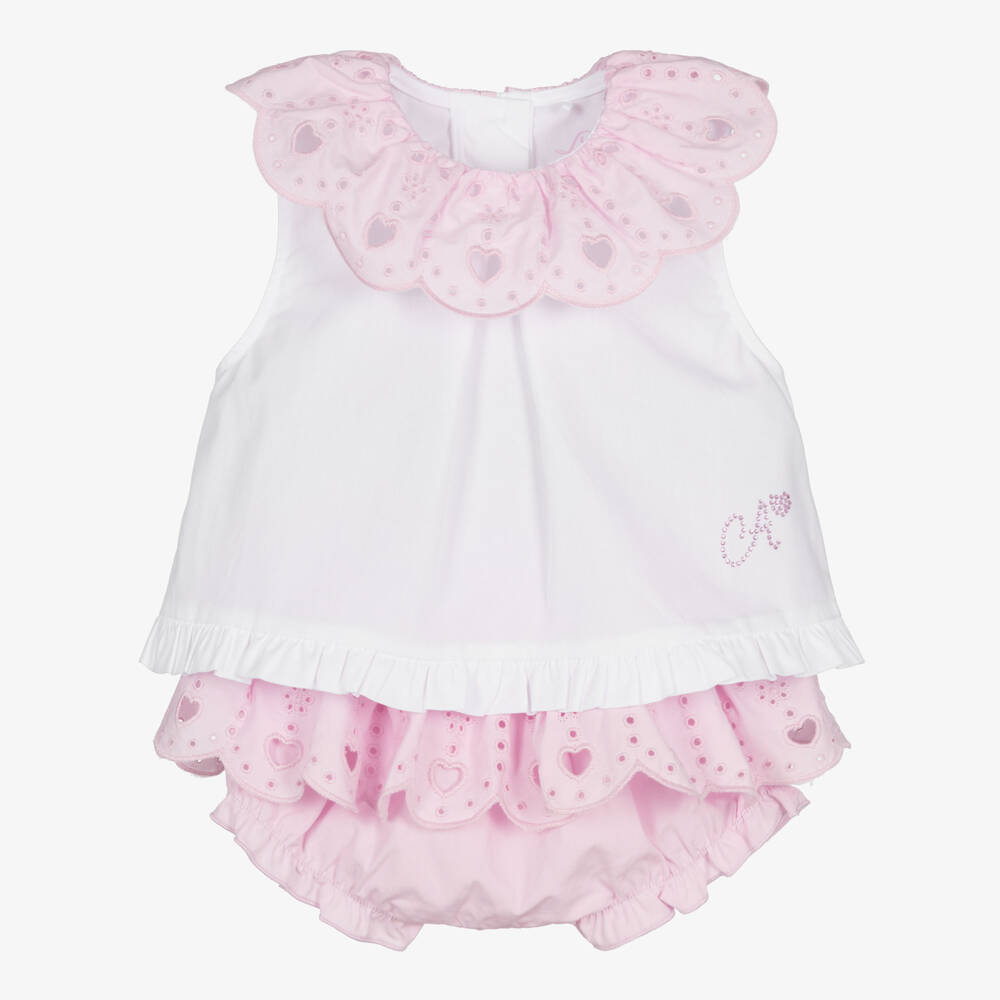 A Dee-Baby Girls White & Pink Broderie Anglaise Shorts Set | Childrensalon