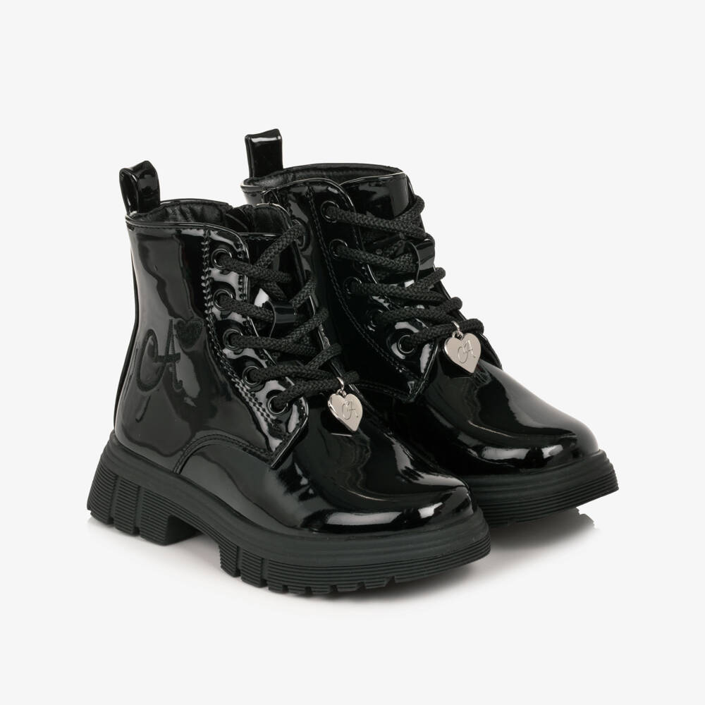 A Dee-Girls Black Faux Patent Leather Boots | Childrensalon