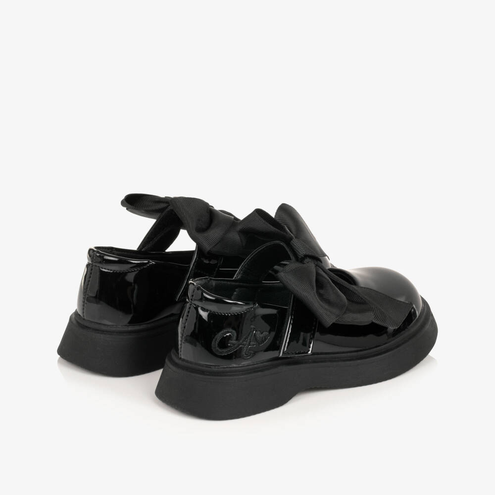 A Dee-Girls Black Faux Patent Leather Shoes with Grosgrain Bows | Childrensalon