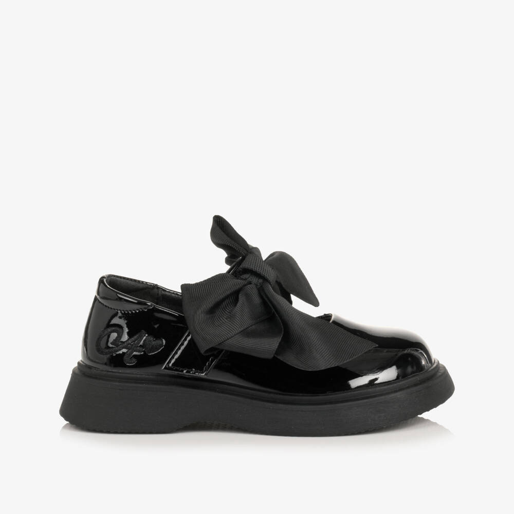 A Dee-Girls Black Faux Patent Leather Shoes with Grosgrain Bows | Childrensalon