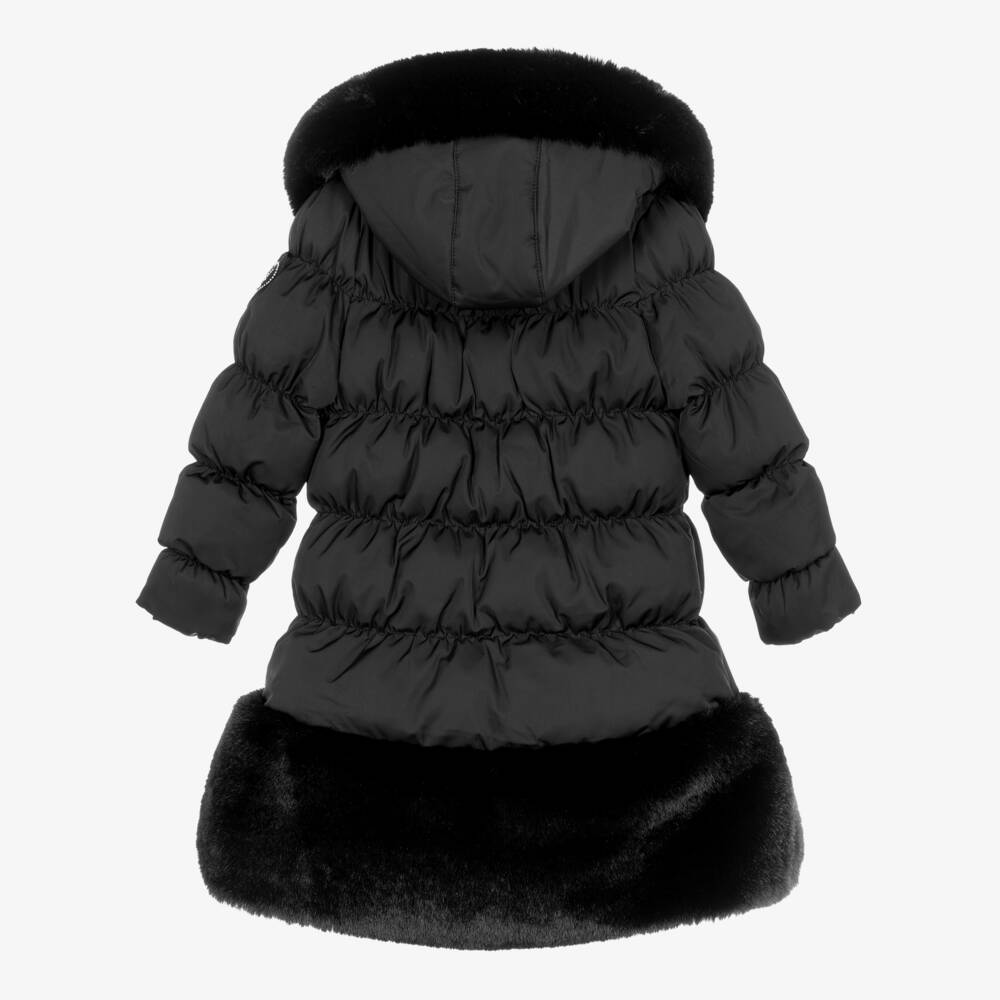 A Dee-Girls Black Hooded Puffer Coat with Faux Fur Trim | Childrensalon