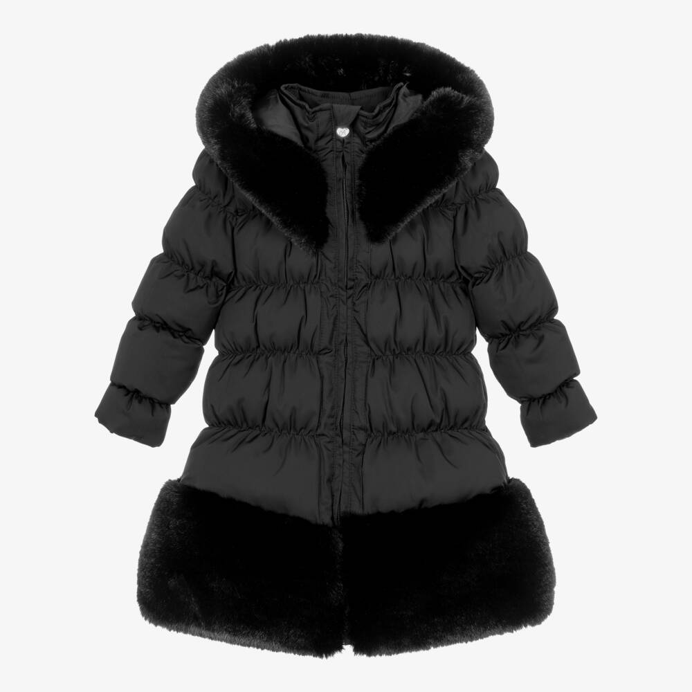 A Dee-Girls Black Hooded Puffer Coat with Faux Fur Trim | Childrensalon
