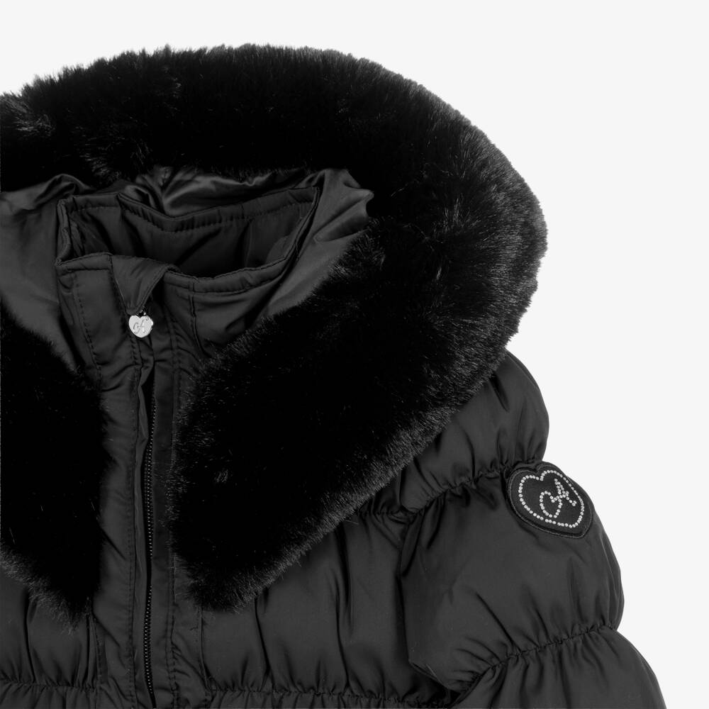 A Dee-Girls Black Hooded Puffer Coat with Faux Fur Trim | Childrensalon