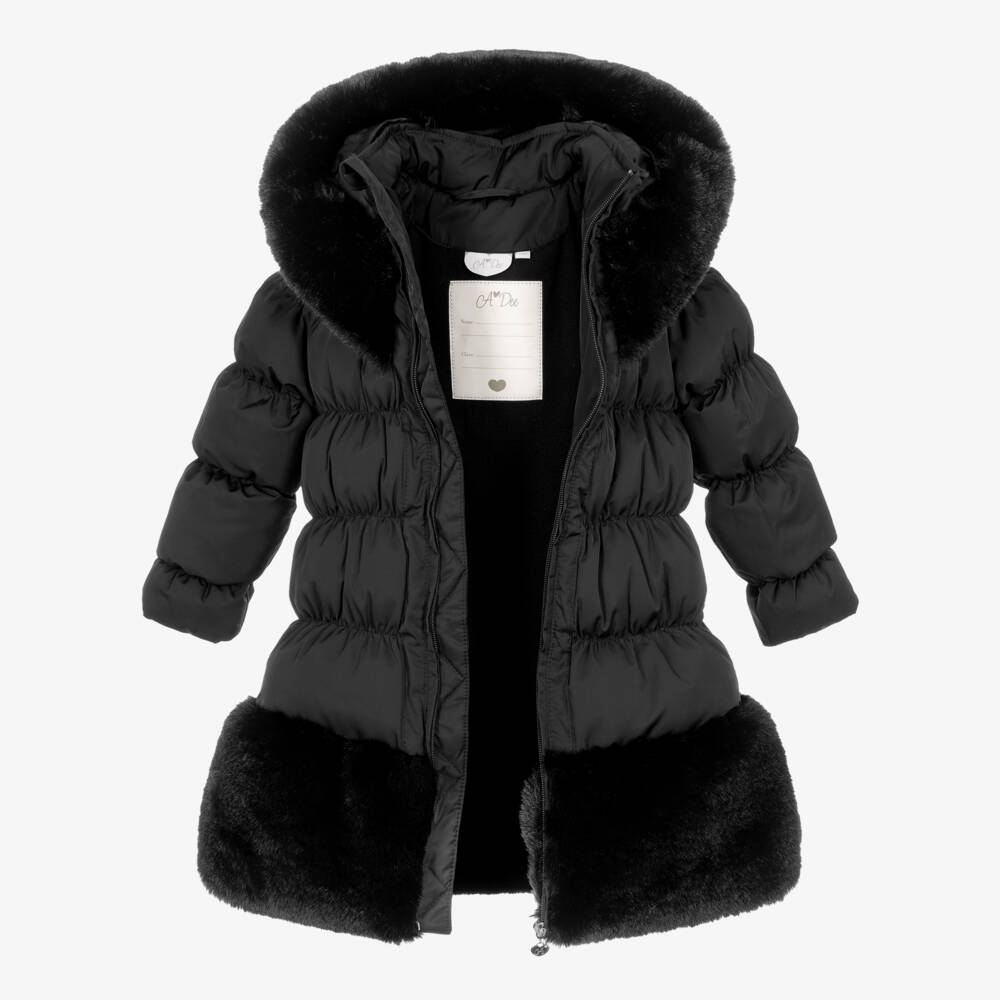A Dee-Girls Black Hooded Puffer Coat with Faux Fur Trim | Childrensalon
