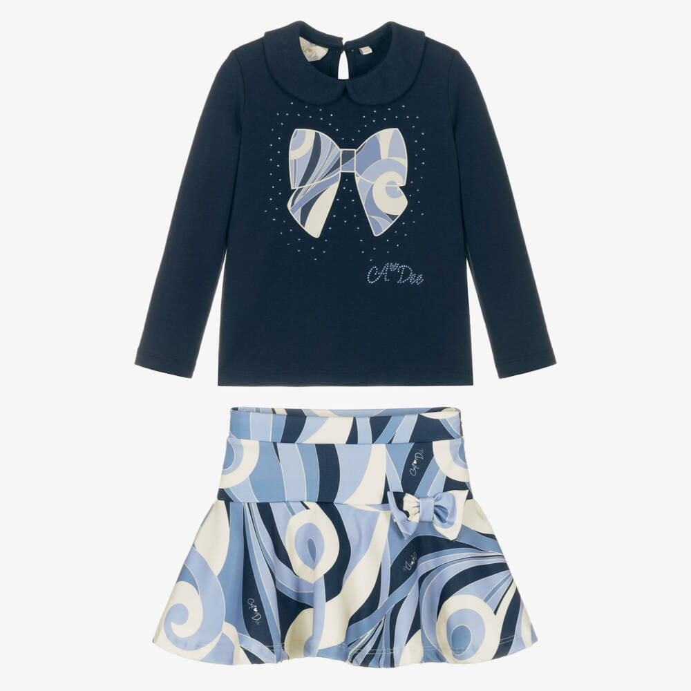 A Dee-طقم تنورة جيرسي بنقشة حلزونية لون أزرق للبنات | Childrensalon