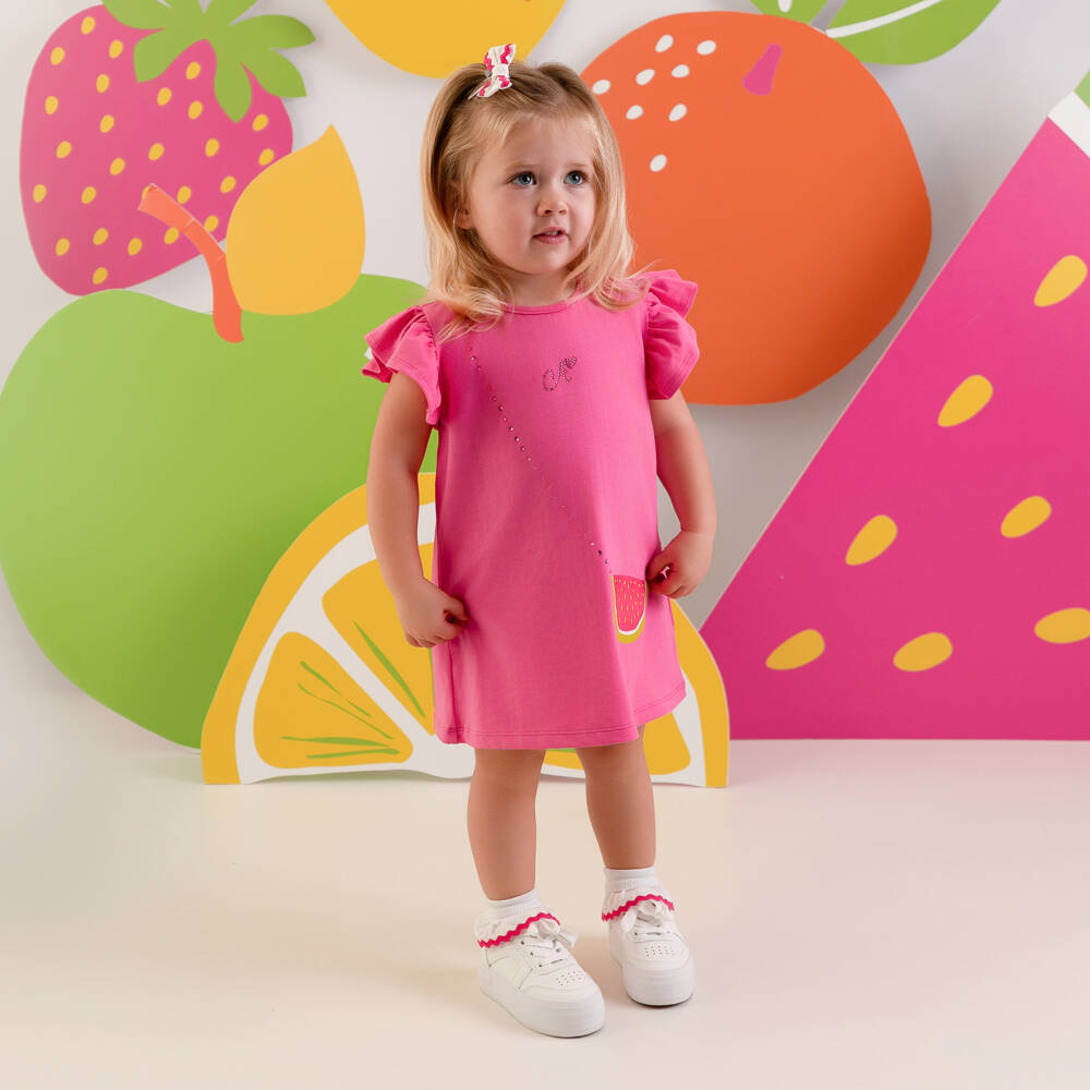 A Dee-Girls Bright Pink Cotton Logo Dress with Cross Body Bag Print | Childrensalon