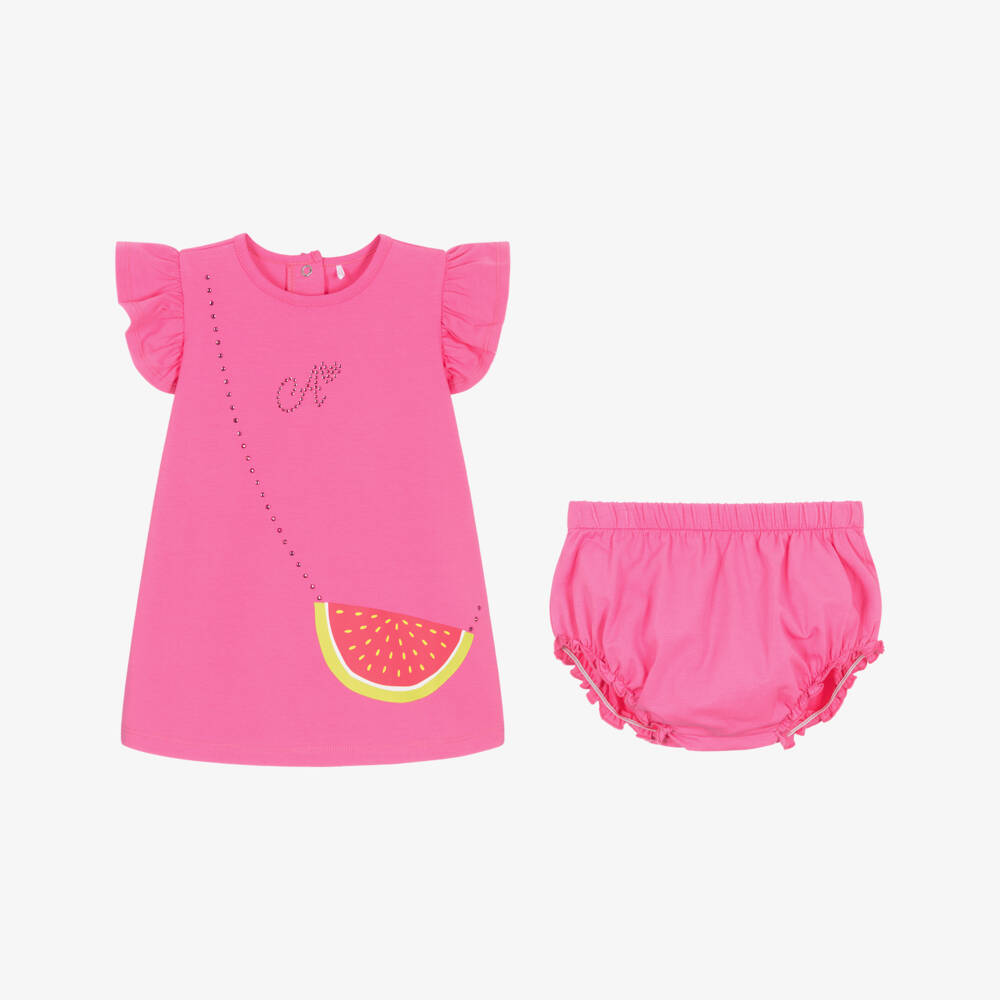 A Dee-Girls Bright Pink Cotton Logo Dress with Cross Body Bag Print | Childrensalon