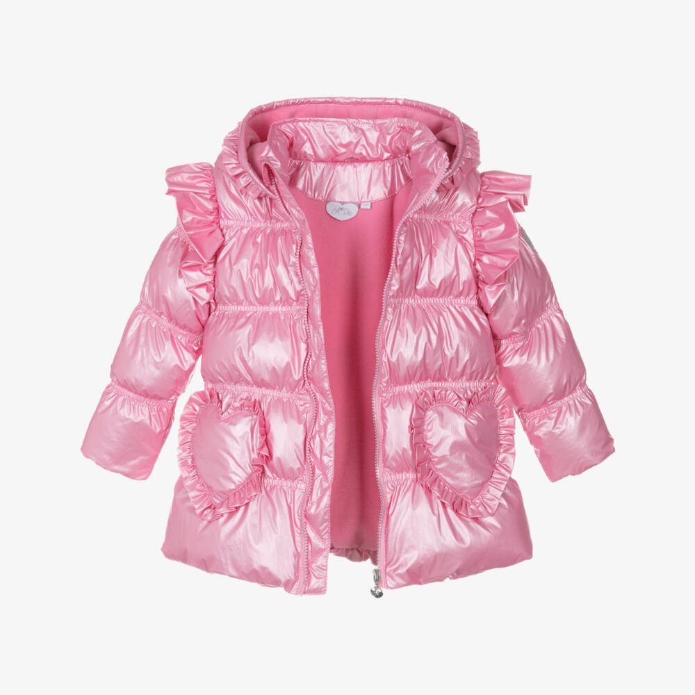 A Dee-Пуховик розовый с капюшоном и рюшами для девочек | Childrensalon
