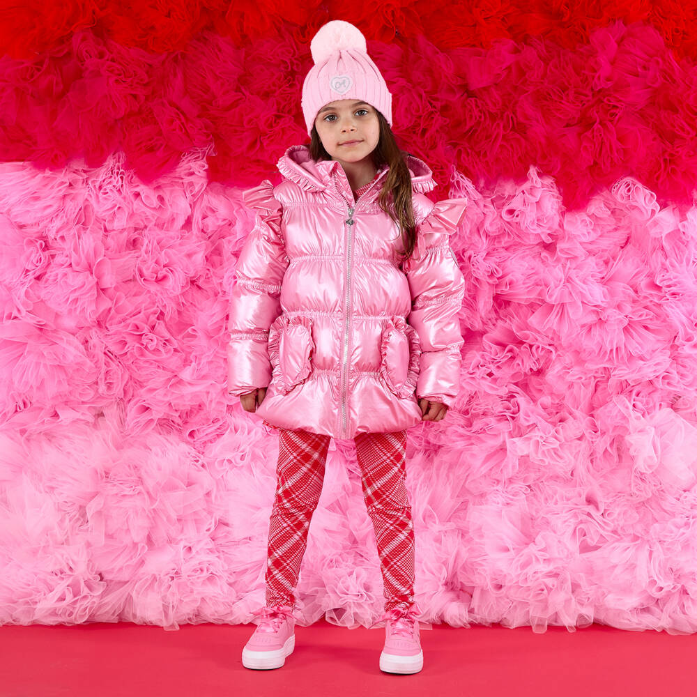 A Dee-Пуховик розовый с капюшоном и рюшами для девочек | Childrensalon