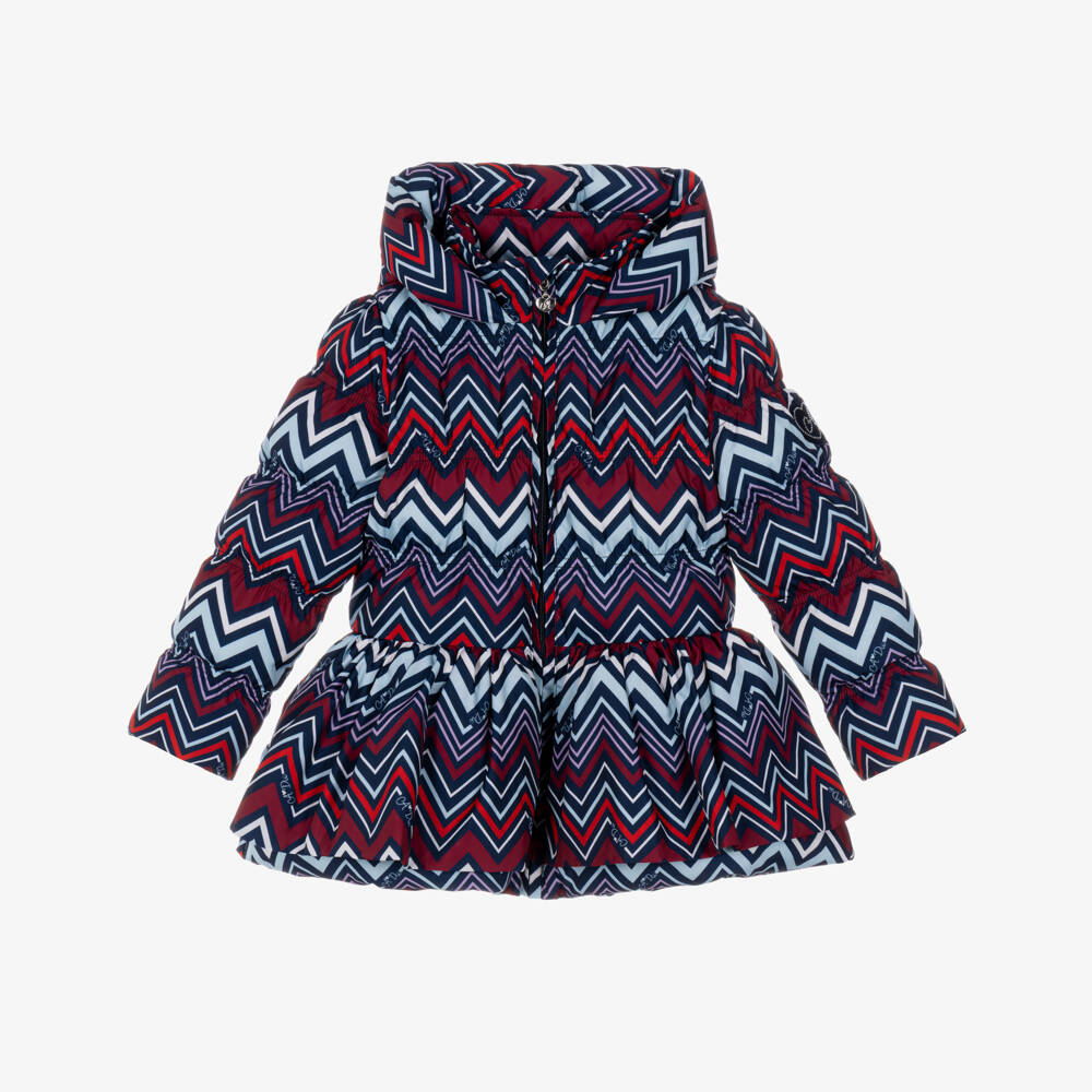 A Dee-Girls Burgundy & Blue Zig Zag Print Puffer Coat with Hood | Childrensalon