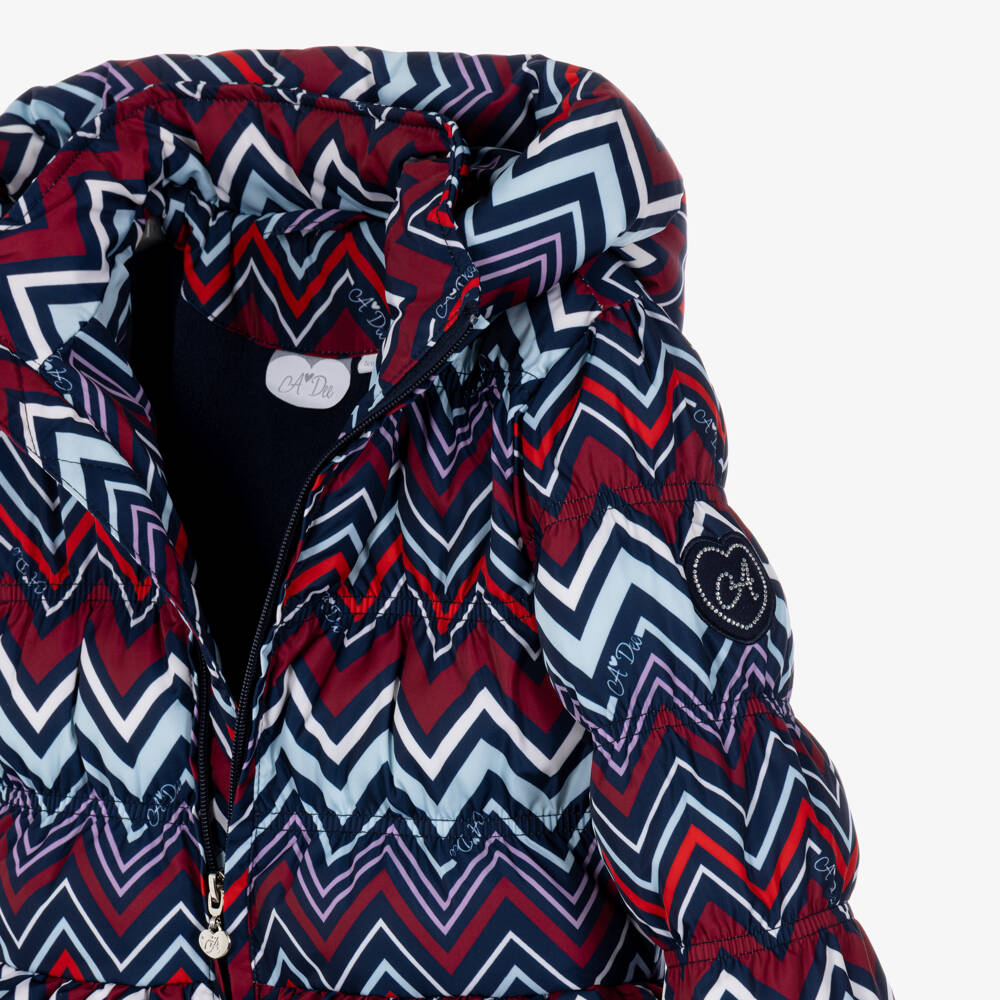 A Dee-Girls Burgundy & Blue Zig Zag Print Puffer Coat with Hood | Childrensalon
