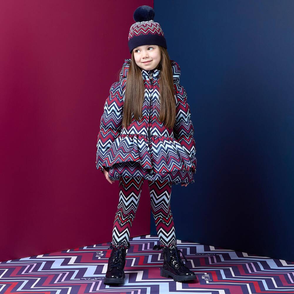 A Dee-Girls Burgundy & Blue Zig Zag Print Puffer Coat with Hood | Childrensalon