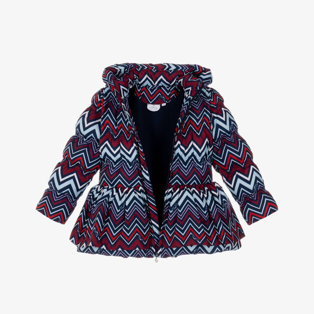 A Dee-Girls Burgundy & Blue Zig Zag Print Puffer Coat with Hood | Childrensalon