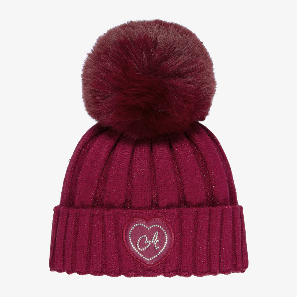A Dee-Girls Burgundy Ribbed Knit Bobble Hat | Childrensalon