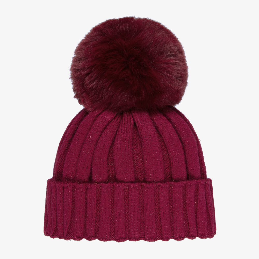 A Dee-Girls Burgundy Ribbed Knit Bobble Hat | Childrensalon