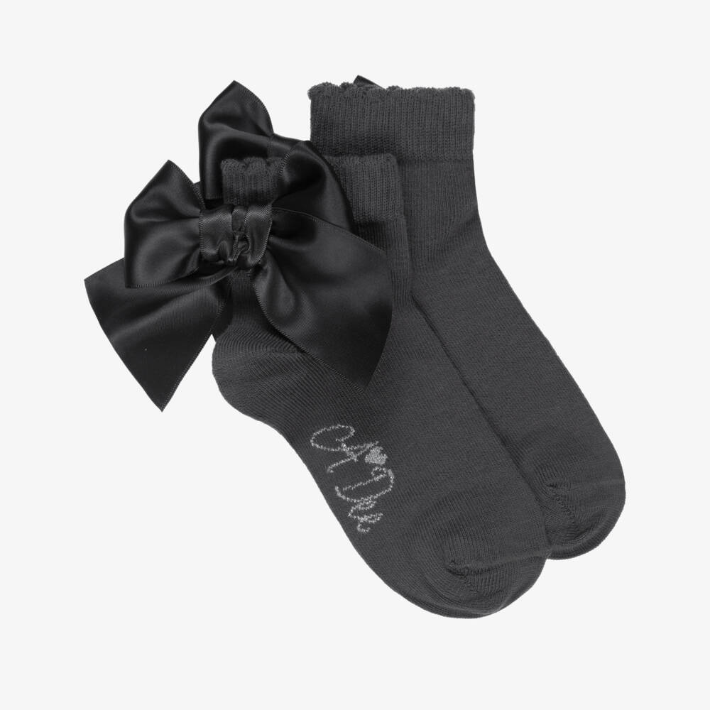 A Dee-Girls Dark Grey Ankle Socks with Bows | Childrensalon