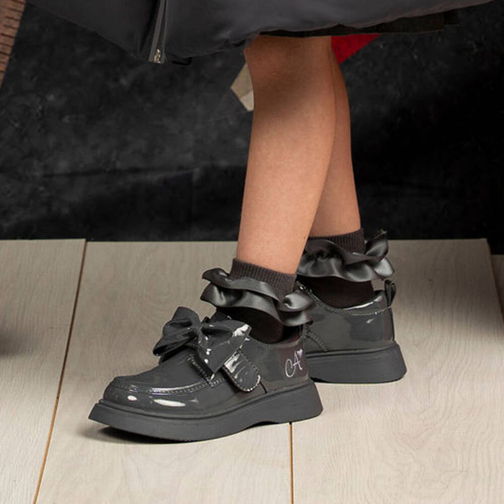 A Dee-Girls Dark Grey Cotton Ankle Socks with Satin Ruffle Cuffs | Childrensalon