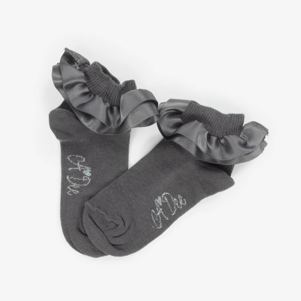 A Dee-Girls Dark Grey Cotton Ankle Socks with Satin Ruffle Cuffs | Childrensalon