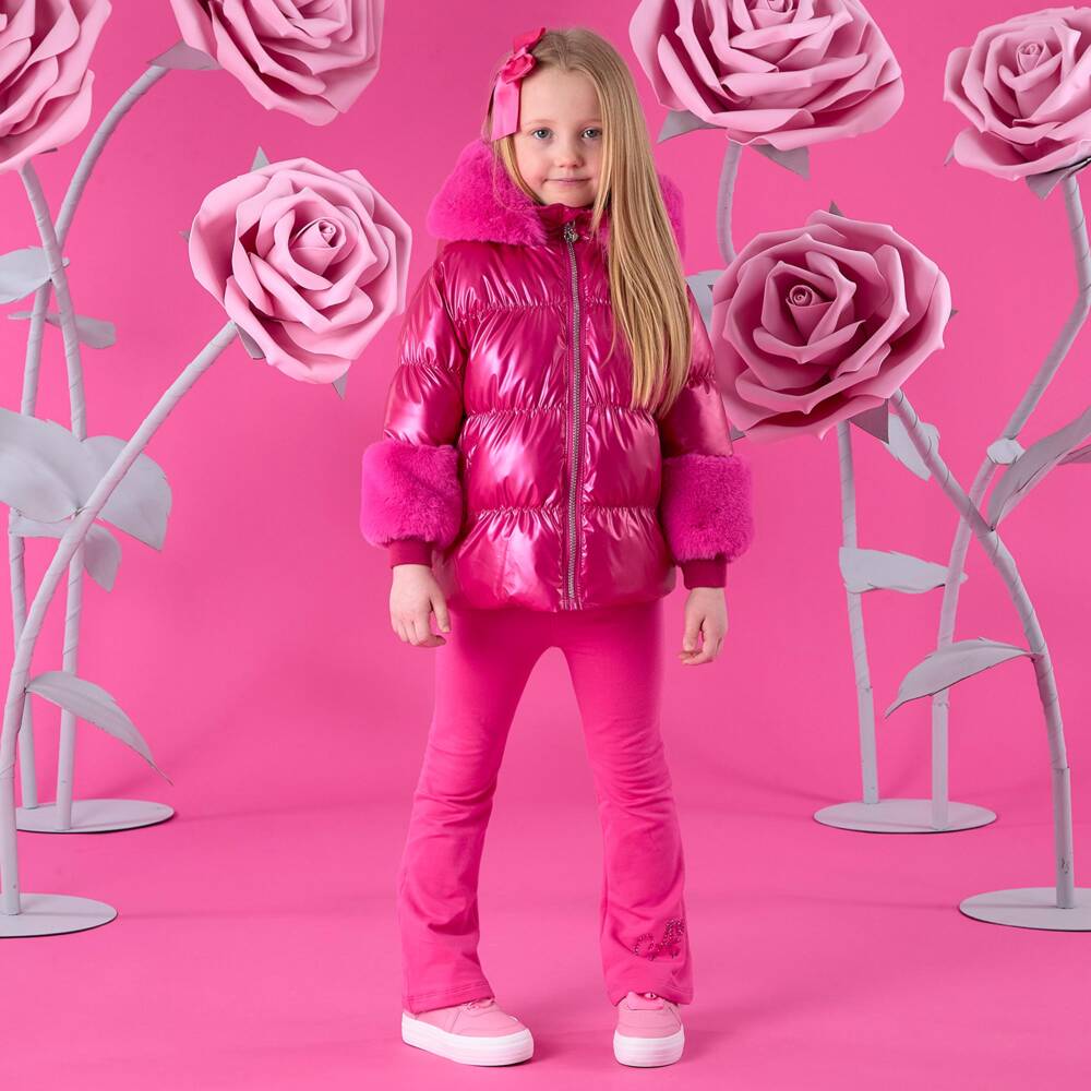 A Dee-Girls Fuchsia Pink Hooded Coat with Faux Fur Trim | Childrensalon