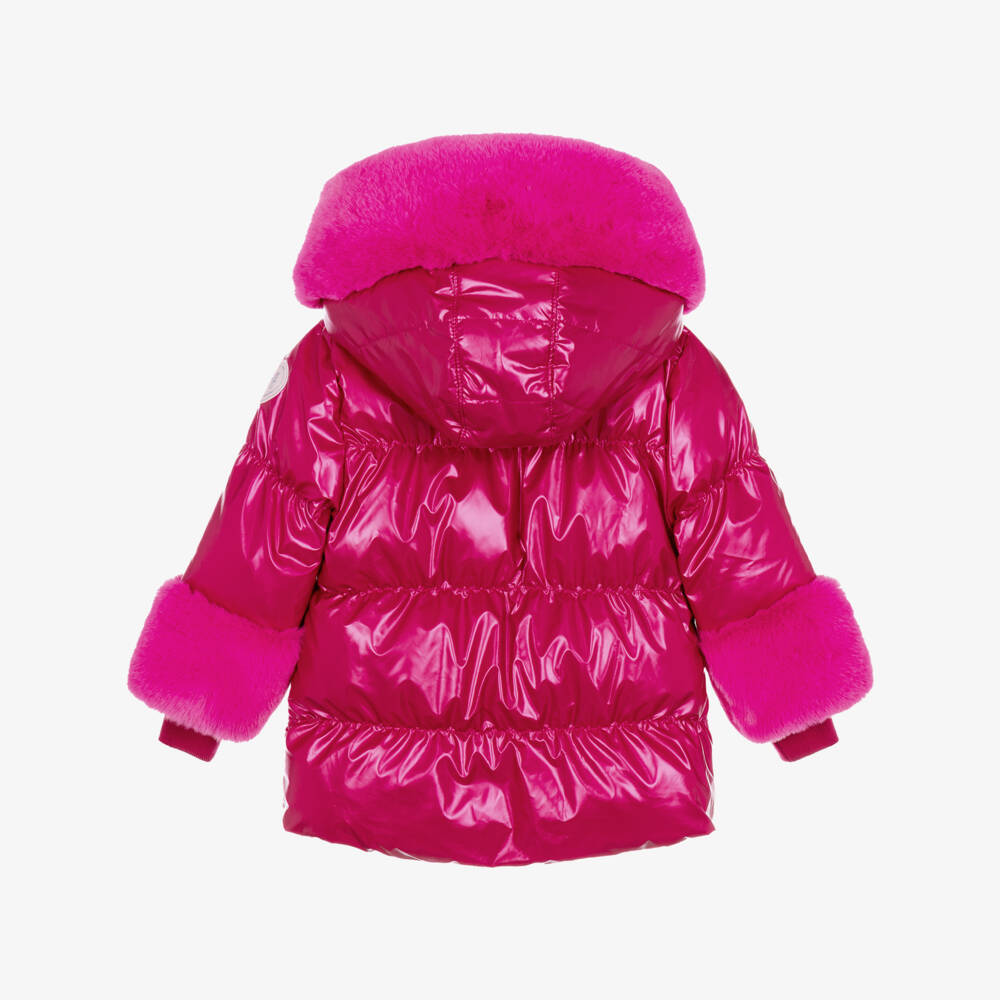 A Dee-Girls Fuchsia Pink Hooded Coat with Faux Fur Trim | Childrensalon