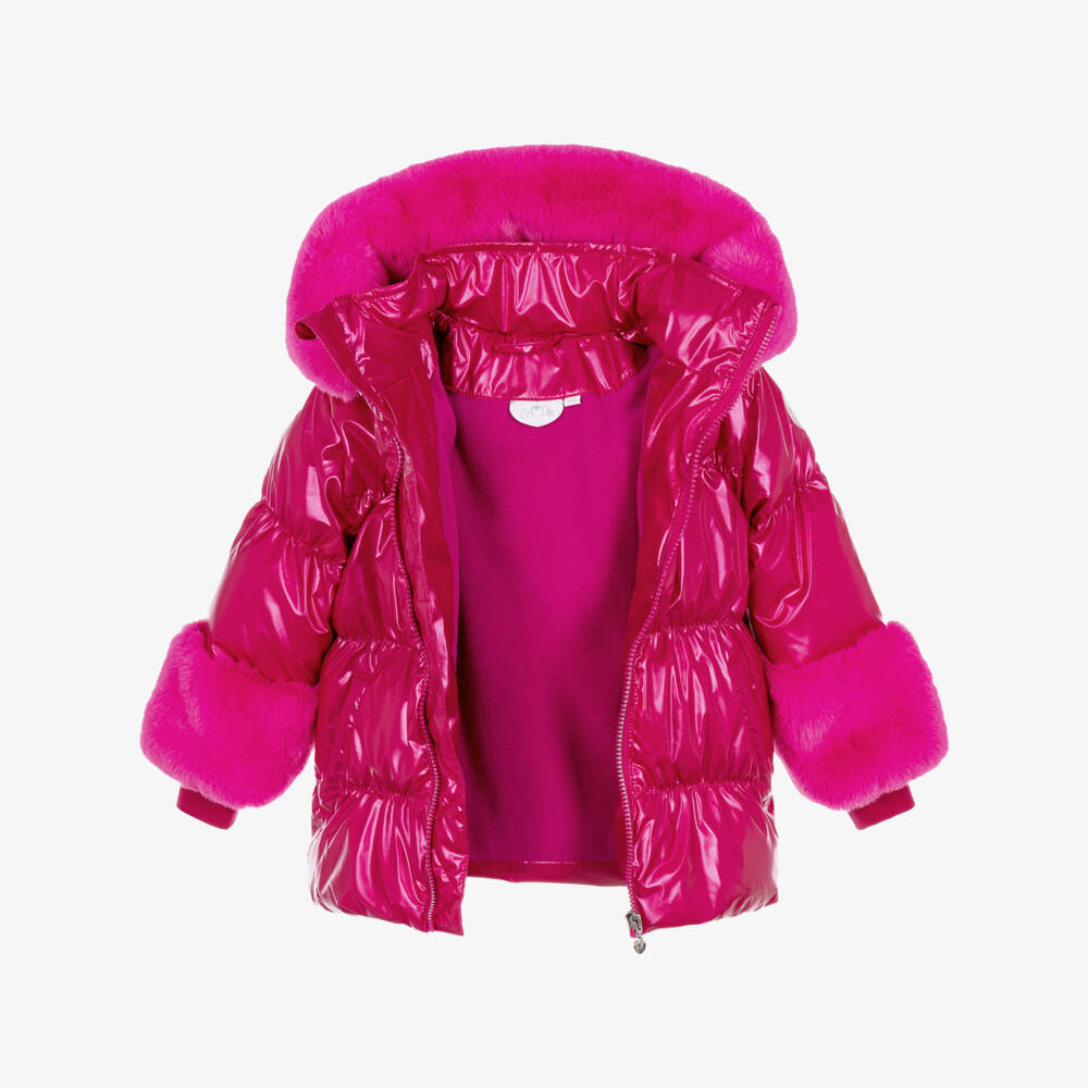 A Dee-Girls Fuchsia Pink Hooded Coat with Faux Fur Trim | Childrensalon