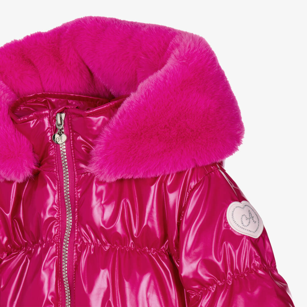 A Dee-Girls Fuchsia Pink Hooded Coat with Faux Fur Trim | Childrensalon