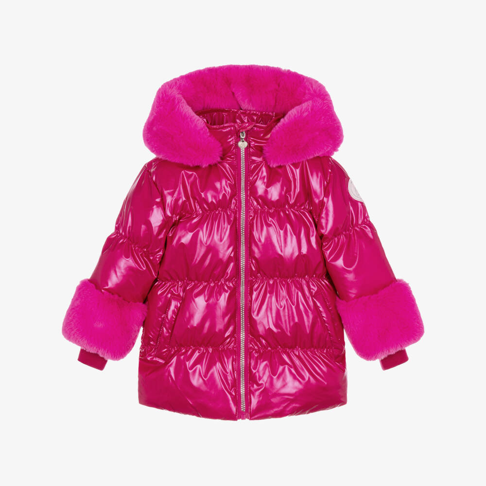 A Dee-Girls Fuchsia Pink Hooded Coat with Faux Fur Trim | Childrensalon