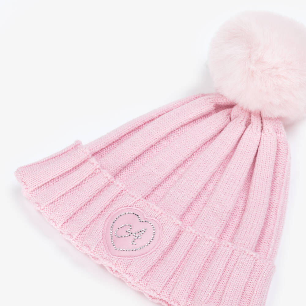 A Dee-Girls Glittery Pale Pink Chunky Knit Pom-Pom Hat | Childrensalon