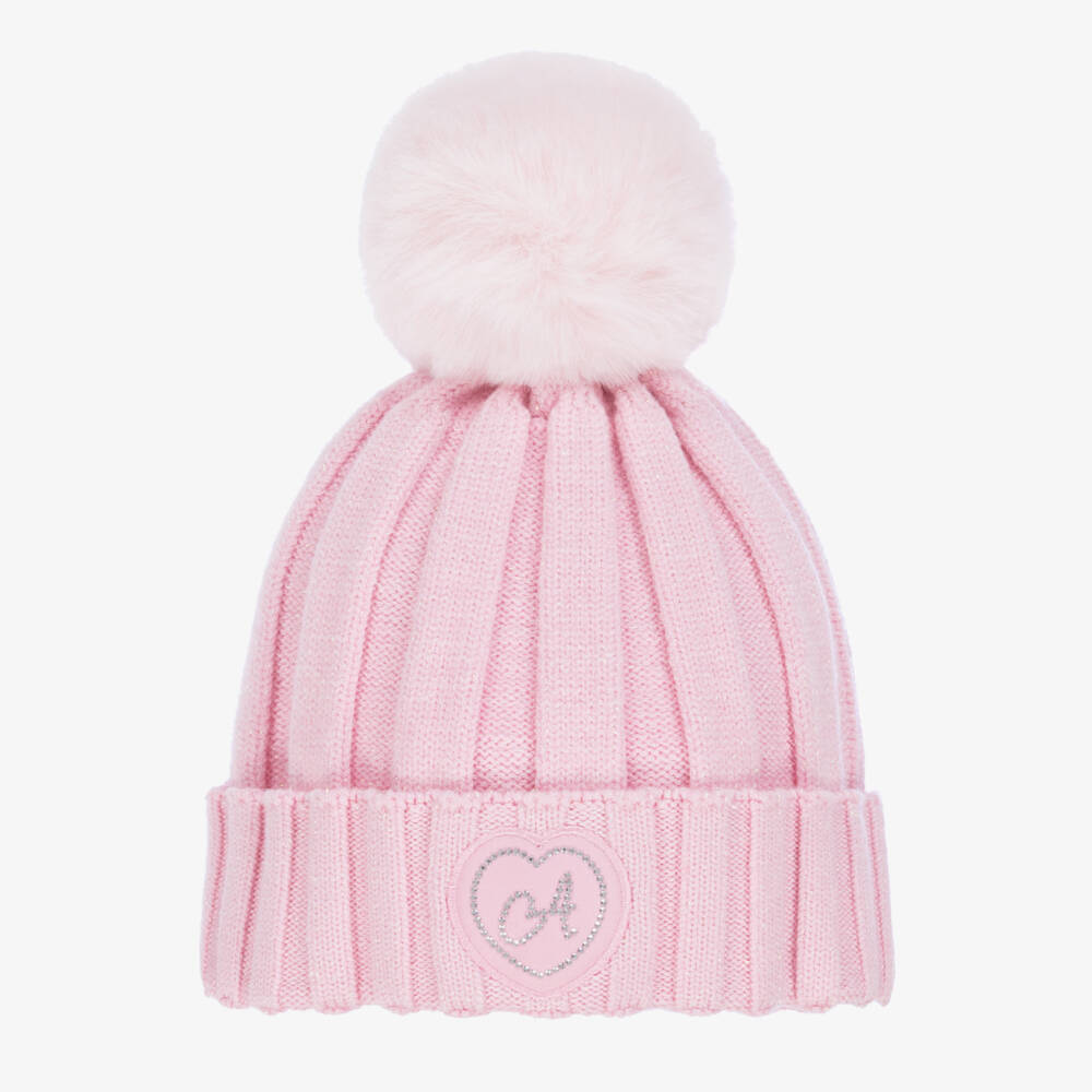 A Dee-Girls Glittery Pale Pink Chunky Knit Pom-Pom Hat | Childrensalon