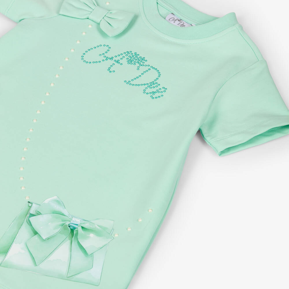 A Dee-Зеленое хлопковое платье-футболка с принтом сумки и бантом для девочек | Childrensalon