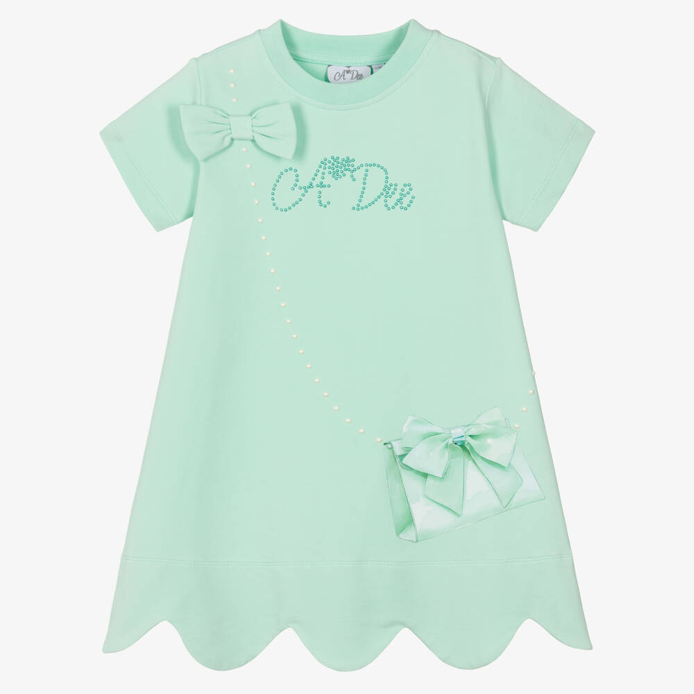 A Dee-Girls Green Cotton Bag Print Logo T-Shirt Dress with Bow | Childrensalon