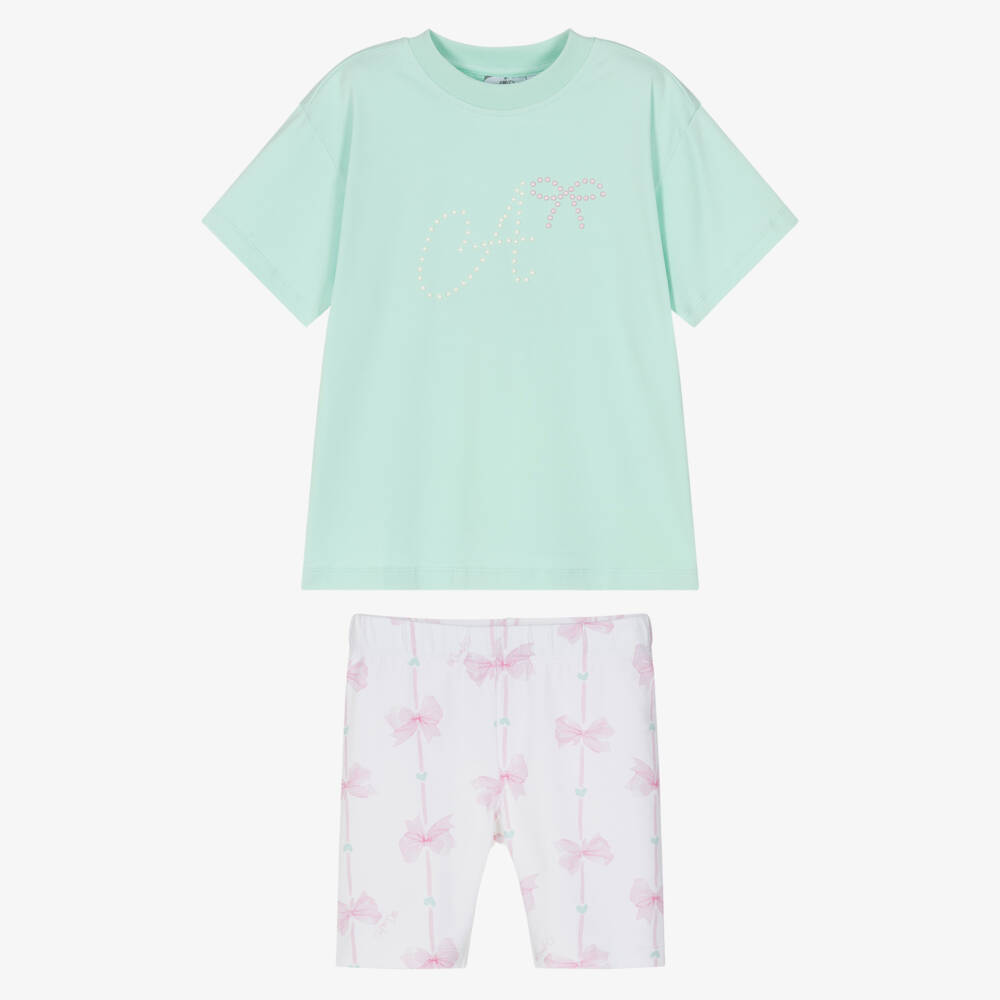 A Dee-طقم شورت قطن مزين بفيونكات لون أخضر وأبيض للبنات | Childrensalon