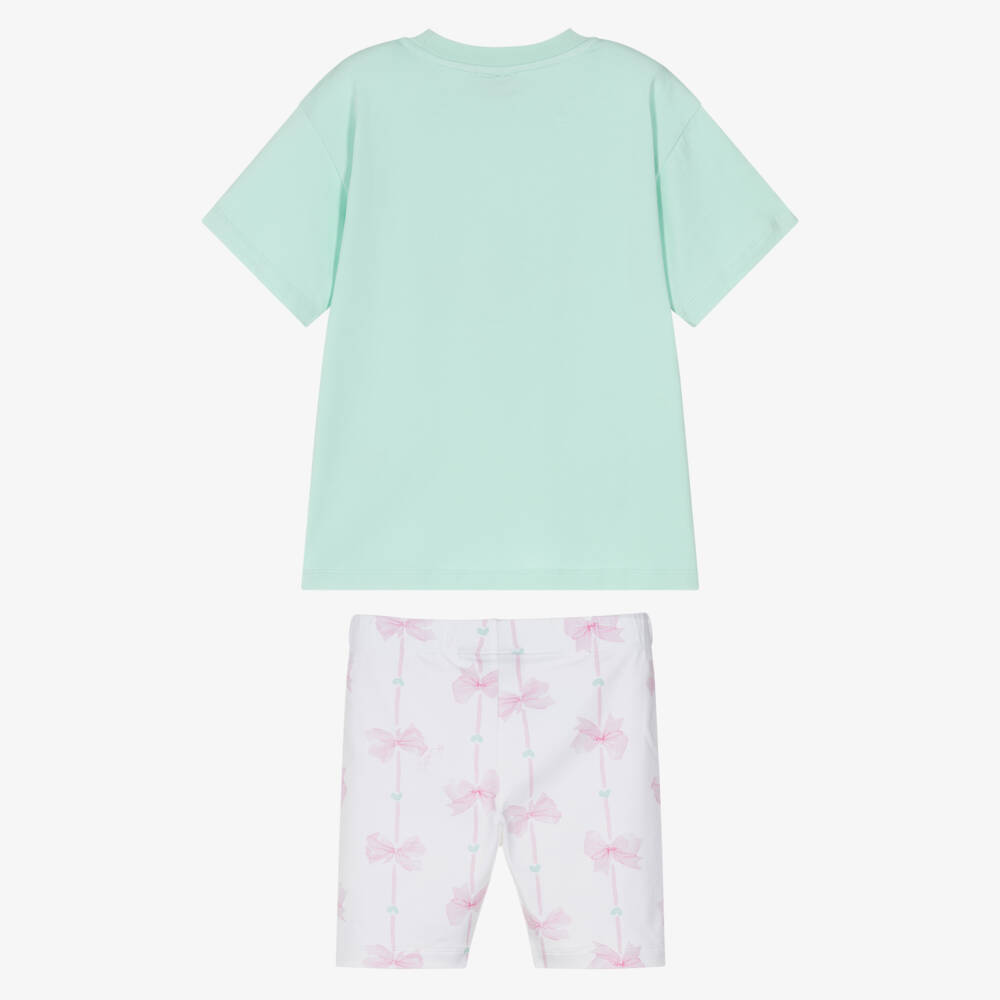 A Dee-طقم شورت قطن مزين بفيونكات لون أخضر وأبيض للبنات | Childrensalon