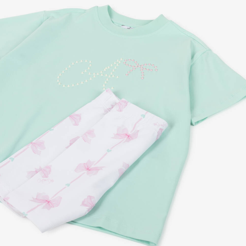 A Dee-طقم شورت قطن مزين بفيونكات لون أخضر وأبيض للبنات | Childrensalon