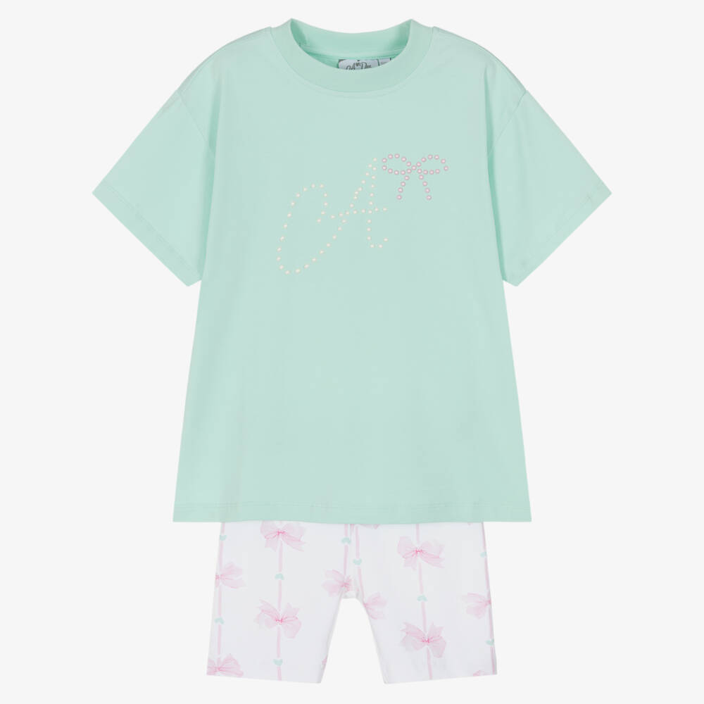 A Dee-Girls Green & White Cotton Logo Shorts Set with Bows | Childrensalon