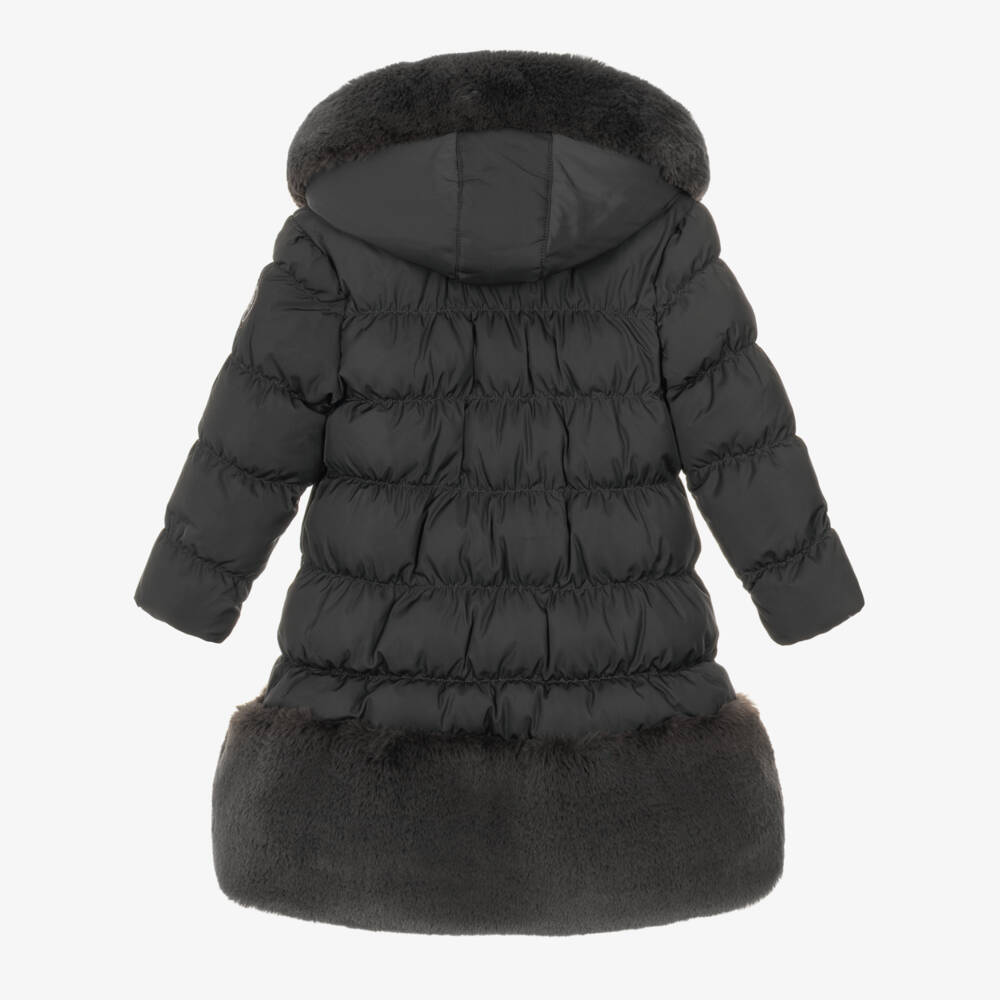 A Dee-Girls Grey Hooded Puffer Coat with Faux Fur Trim | Childrensalon