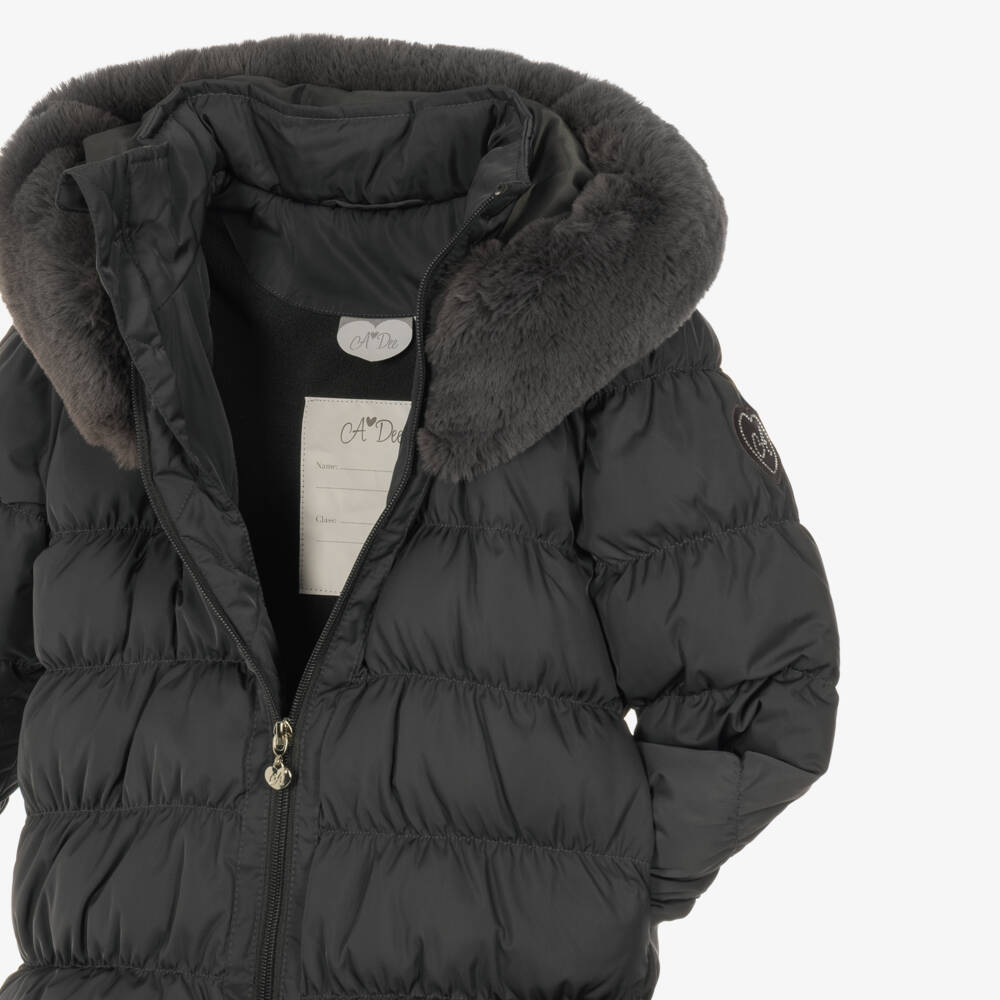 A Dee-Girls Grey Hooded Puffer Coat with Faux Fur Trim | Childrensalon