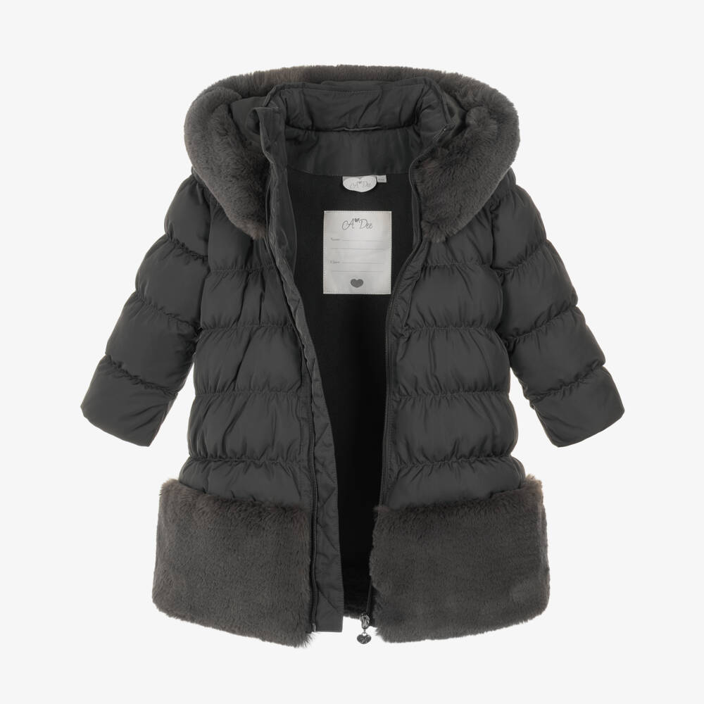 A Dee-Girls Grey Hooded Puffer Coat with Faux Fur Trim | Childrensalon