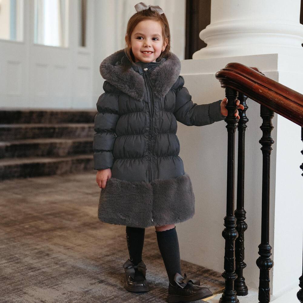 A Dee-Girls Grey Hooded Puffer Coat with Faux Fur Trim | Childrensalon