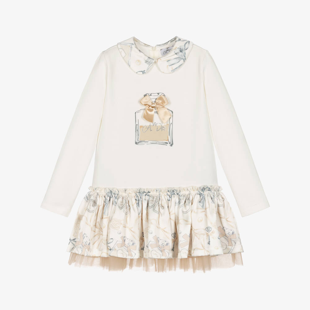 A Dee-Girls Ivory Cotton Jersey Perfume Bottle Print Dress | Childrensalon