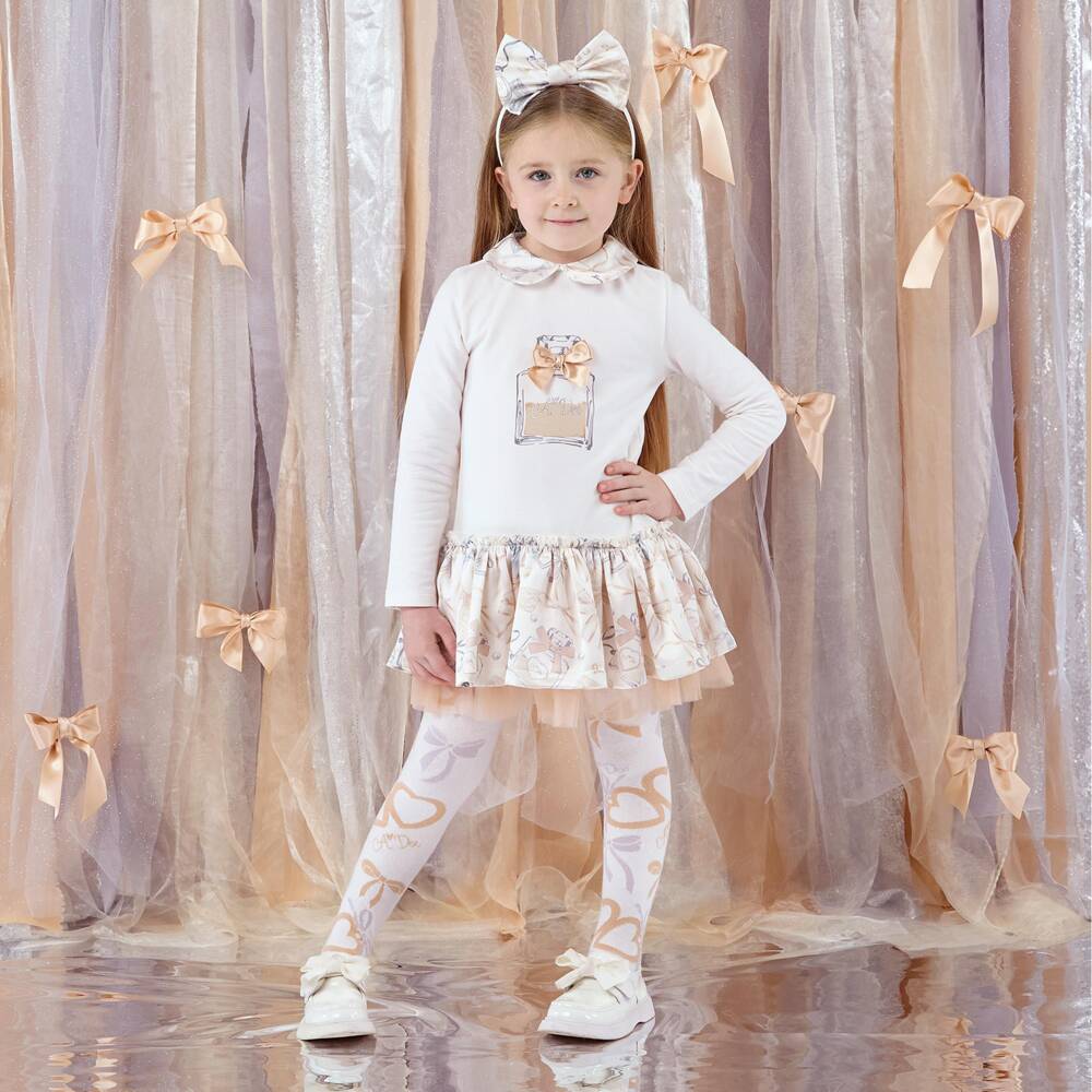 A Dee-Girls Ivory Cotton Jersey Perfume Bottle Print Dress | Childrensalon