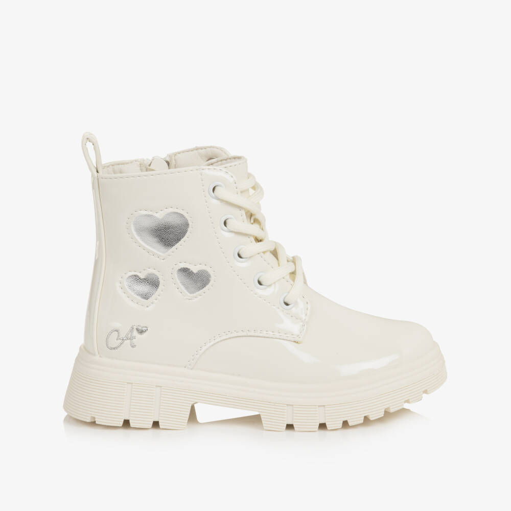 A Dee-Girls Ivory Patent Faux Leather Heart Boots | Childrensalon