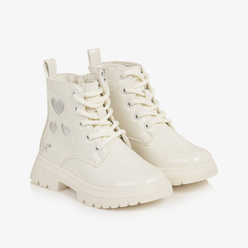 A Dee-Girls Ivory Patent Faux Leather Heart Boots  | Childrensalon