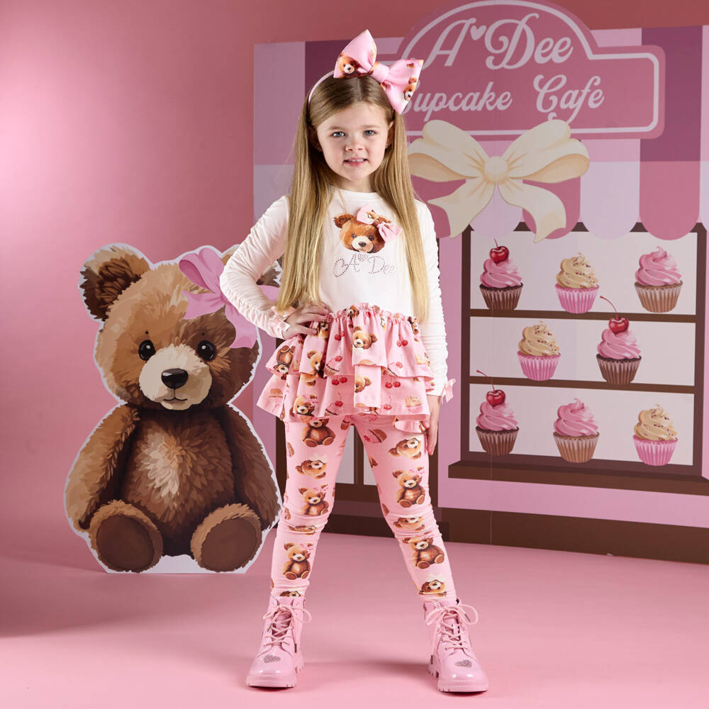 A Dee-Girls Ivory & Pink Bear Print Cotton Jersey Leggings Set | Childrensalon