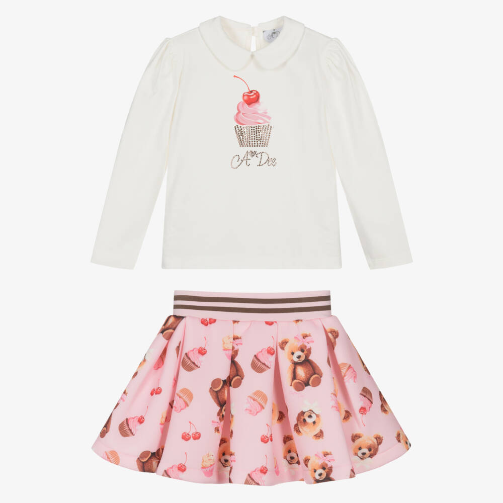 A Dee-Girls Ivory & Pink Bear Print Jersey Skirt Set | Childrensalon