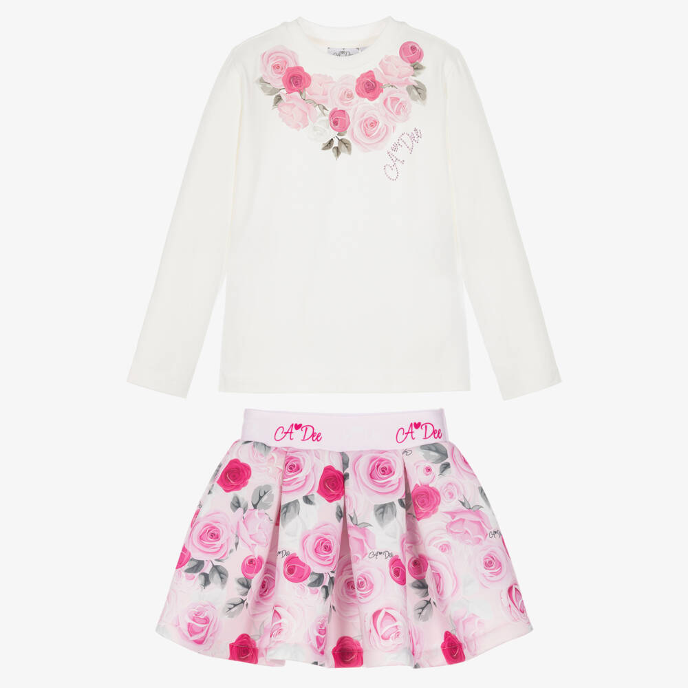 A Dee-Girls Ivory & Pink Rose Print Skirt Set | Childrensalon